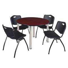 48 in Round Breakroom Table- Mahogany Top, Chrome Legs, 4 M Stack Chairs- Black