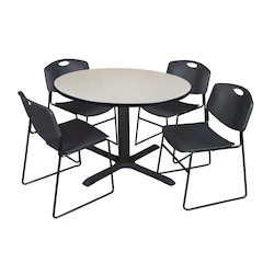 48 in. Round X-Base Breakroom Table- Maple & 4 Zeng Stack Chairs- Black