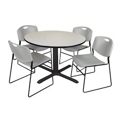 48 in. Round X-Base Breakroom Table- Maple & 4 Zeng Stack Chairs- Grey