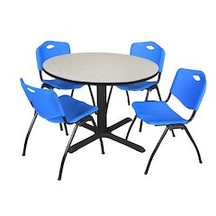 48 in. Round X-Base Breakroom Table- Maple & 4 M Stack Chairs- Blue
