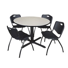 48 in. Round X-Base Breakroom Table- Maple & 4 M Stack Chairs- Black