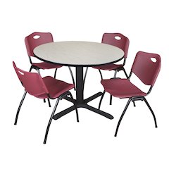 48 in. Round X-Base Breakroom Table- Maple & 4 M Stack Chairs- Burgundy