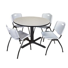 48 in. Round X-Base Breakroom Table- Maple & 4 M Stack Chairs- Grey