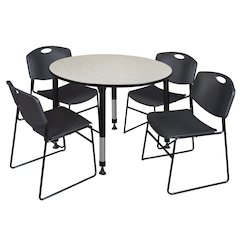 48 in. Round Adjustable Classroom Table- Maple & 4 Zeng Stack Chairs- Black