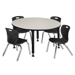 48 Round Adjustable Classroom Table- Maple & 4 Andy 12 Stack Chairs- Black