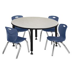 48 Round Adjustable Classroom Table- Maple & 4 Andy 12 Stack Chairs- Blue