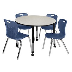 48 Round Adjustable Classroom Table- Maple & 4 Andy 18 Stack Chairs- Blue