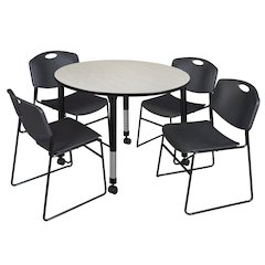 48 Round Mobile Adjustable Classroom Table- Maple & 4 Zeng Stack Chairs- Black