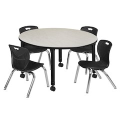 48 Round Adjustable Classroom Table- Maple & 4 Andy 12 Stack Chairs- Black