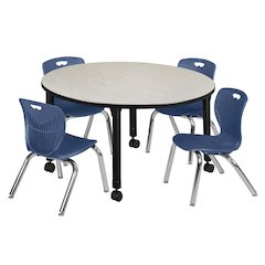 48 Round Adjustable Classroom Table- Maple & 4 Andy 12 Stack Chairs- Blue