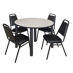 48 in Round Breakroom Table- Maple Top, Black Legs, 4 Restaurant Stack Chairs