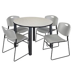 48 in Round Breakroom Table- Maple Top, Black Legs, 4 Zeng Stack Chairs- Grey