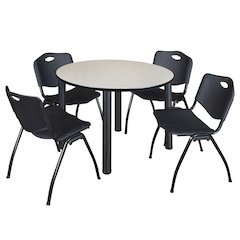 48 in Round Breakroom Table- Maple Top, Black Legs, 4 M Stack Chairs- Black
