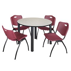 48 in Round Breakroom Table- Maple Top, Black Legs, 4 M Stack Chairs- Burgundy