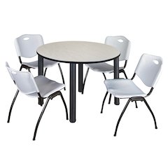 48 in Round Breakroom Table- Maple Top, Black Legs, 4 M Stack Chairs- Grey