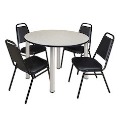 48 in Round Breakroom Table- Maple Top, Chrome Legs, 4 Restaurant Stack Chairs
