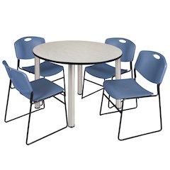 48 in Round Breakroom Table- Maple Top, Chrome Legs, 4 Zeng Stack Chairs- Blue