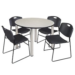 48 in Round Breakroom Table- Maple Top, Chrome Legs, 4 Zeng Stack Chairs- Black