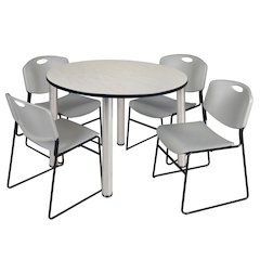 48 in Round Breakroom Table- Maple Top, Chrome Legs, 4 Zeng Stack Chairs- Grey