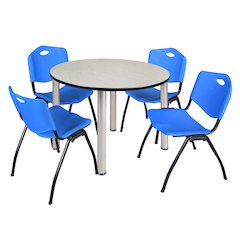 48 in Round Breakroom Table- Maple Top, Chrome Legs, 4 M Stack Chairs- Blue