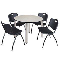 48 in Round Breakroom Table- Maple Top, Chrome Legs, 4 M Stack Chairs- Black