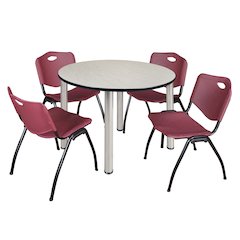 48 in Round Breakroom Table- Maple Top, Chrome Legs, 4 M Stack Chairs- Burgundy