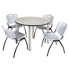 48 in Round Breakroom Table- Maple Top, Chrome Legs, 4 M Stack Chairs- Grey