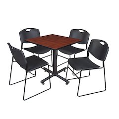 30 in. Square X-Base Breakroom Table- Cherry, 4 Zeng Stack Chairs- Black