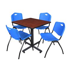 30 in. Square X-Base Breakroom Table- Cherry, 4 M Stack Chairs- Blue