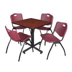 30 in. Square X-Base Breakroom Table- Cherry, 4 M Stack Chairs- Burgundy