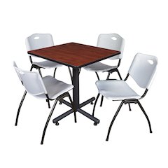 30 in. Square X-Base Breakroom Table- Cherry, 4 M Stack Chairs- Grey