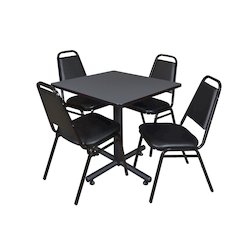 30 in. Square X-Base Breakroom Table- Grey, 4 Restaurant Stack Chairs- Black