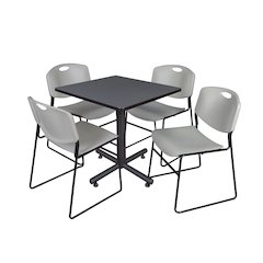 30 in. Square X-Base Breakroom Table- Grey, 4 Zeng Stack Chairs- Grey