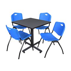 30 in. Square X-Base Breakroom Table- Grey, 4 M Stack Chairs- Blue