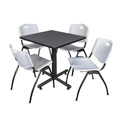 30 in. Square X-Base Breakroom Table- Grey, 4 M Stack Chairs- Grey