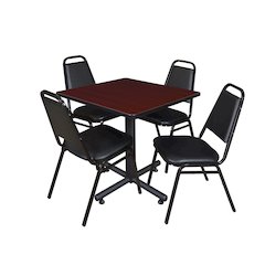 30 in. Square X-Base Breakroom Table- Mahogany, 4 Restaurant Stack Chairs- Black
