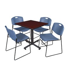 30 in. Square X-Base Breakroom Table- Mahogany, 4 Zeng Stack Chairs- Blue