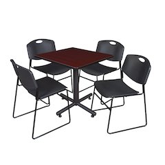30 in. Square X-Base Breakroom Table- Mahogany, 4 Zeng Stack Chairs- Black