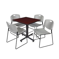 30 in. Square X-Base Breakroom Table- Mahogany, 4 Zeng Stack Chairs- Grey