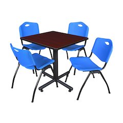 30 in. Square X-Base Breakroom Table- Mahogany, 4 M Stack Chairs- Blue