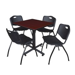 30 in. Square X-Base Breakroom Table- Mahogany, 4 M Stack Chairs- Black