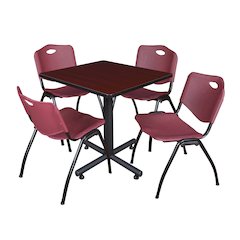 30 in. Square X-Base Breakroom Table- Mahogany, 4 M Stack Chairs- Burgundy