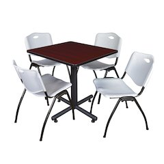 30 in. Square X-Base Breakroom Table- Mahogany, 4 M Stack Chairs- Grey