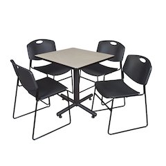 30 in. Square X-Base Breakroom Table- Maple, 4 Zeng Stack Chairs- Black