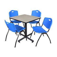 30 in. Square X-Base Breakroom Table- Maple, 4 M Stack Chairs- Blue