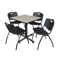 30 in. Square X-Base Breakroom Table- Maple, 4 M Stack Chairs- Black