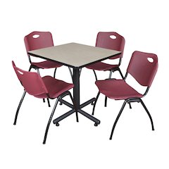 30 in. Square X-Base Breakroom Table- Maple, 4 M Stack Chairs- Burgundy