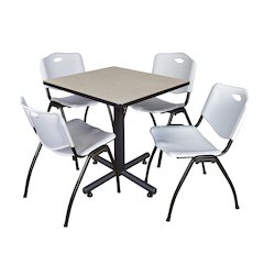 30 in. Square X-Base Breakroom Table- Maple, 4 M Stack Chairs- Grey