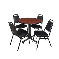 30 in. Round X-Base Breakroom Table- Cherry, 4 Restaurant Stack Chairs- Black