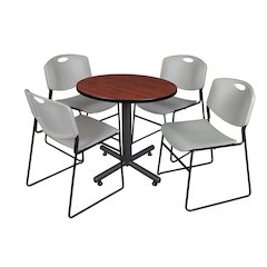 30 in. Round X-Base Breakroom Table- Cherry, 4 Zeng Stack Chairs- Grey